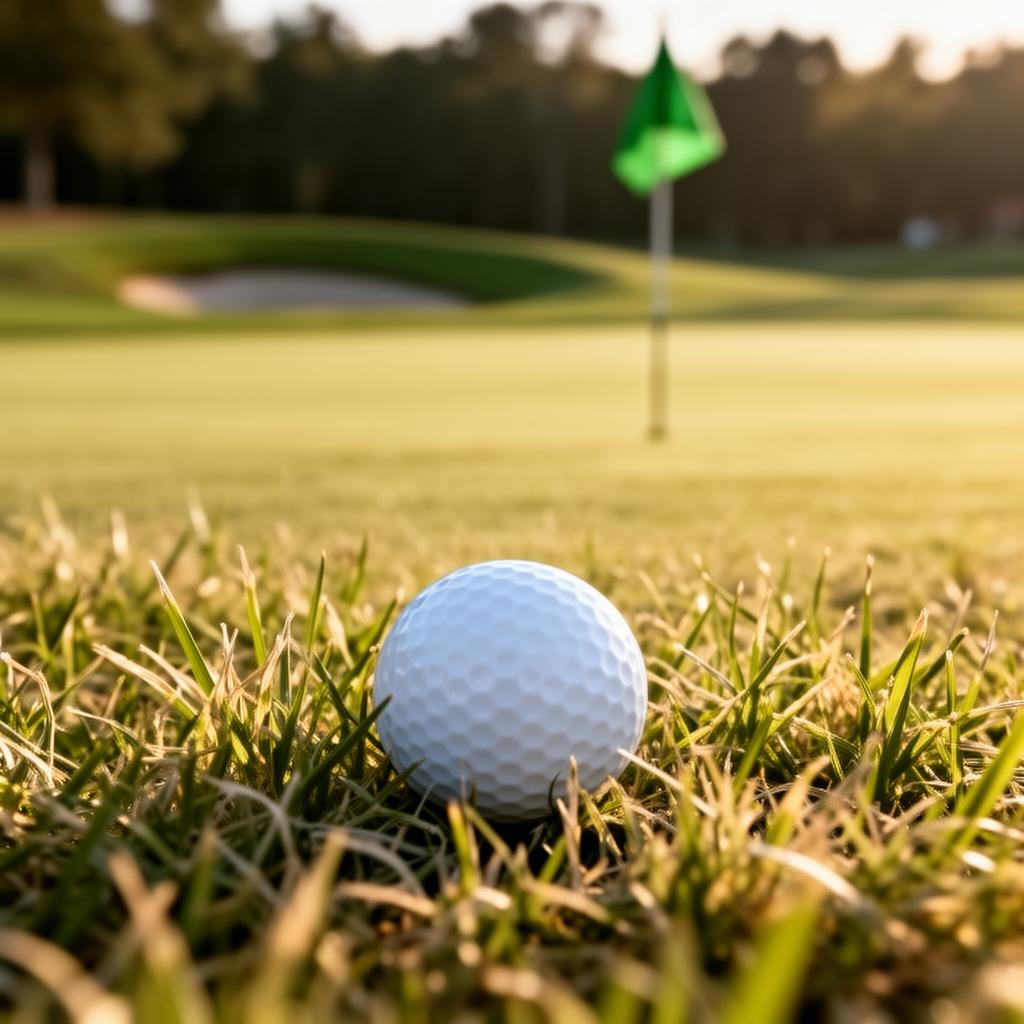 Golf ball in light rough with green and flag in the distance