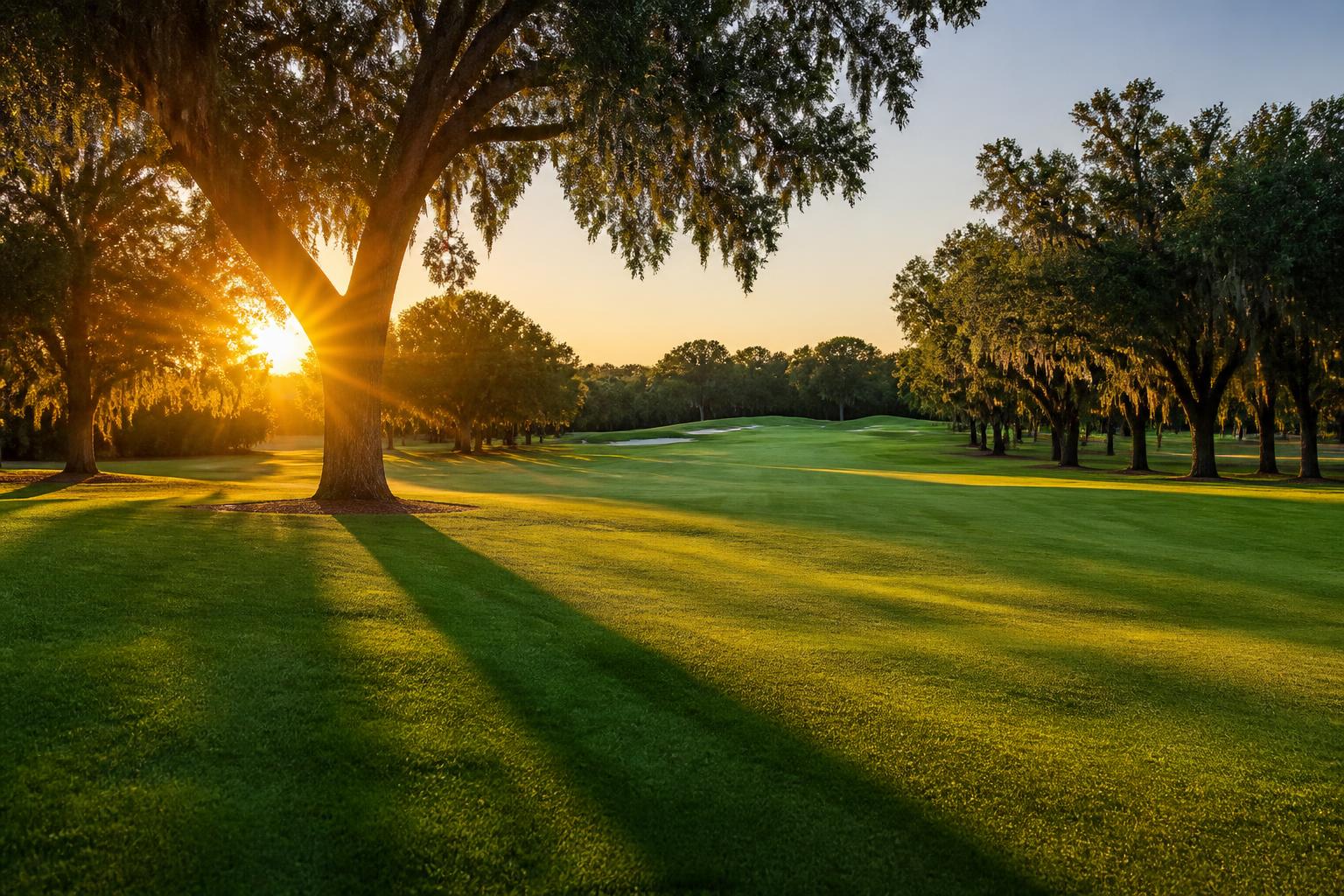 Manicured golf fairway at golden hour sunset with ancient oak trees casting long shadows