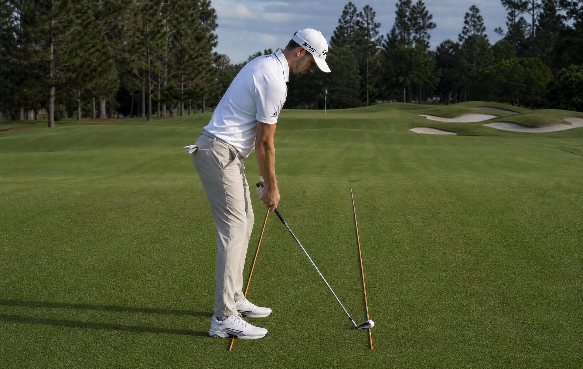 Golfer at address with two alignment sticks on the ground forming railroad tracks toward a distant flag