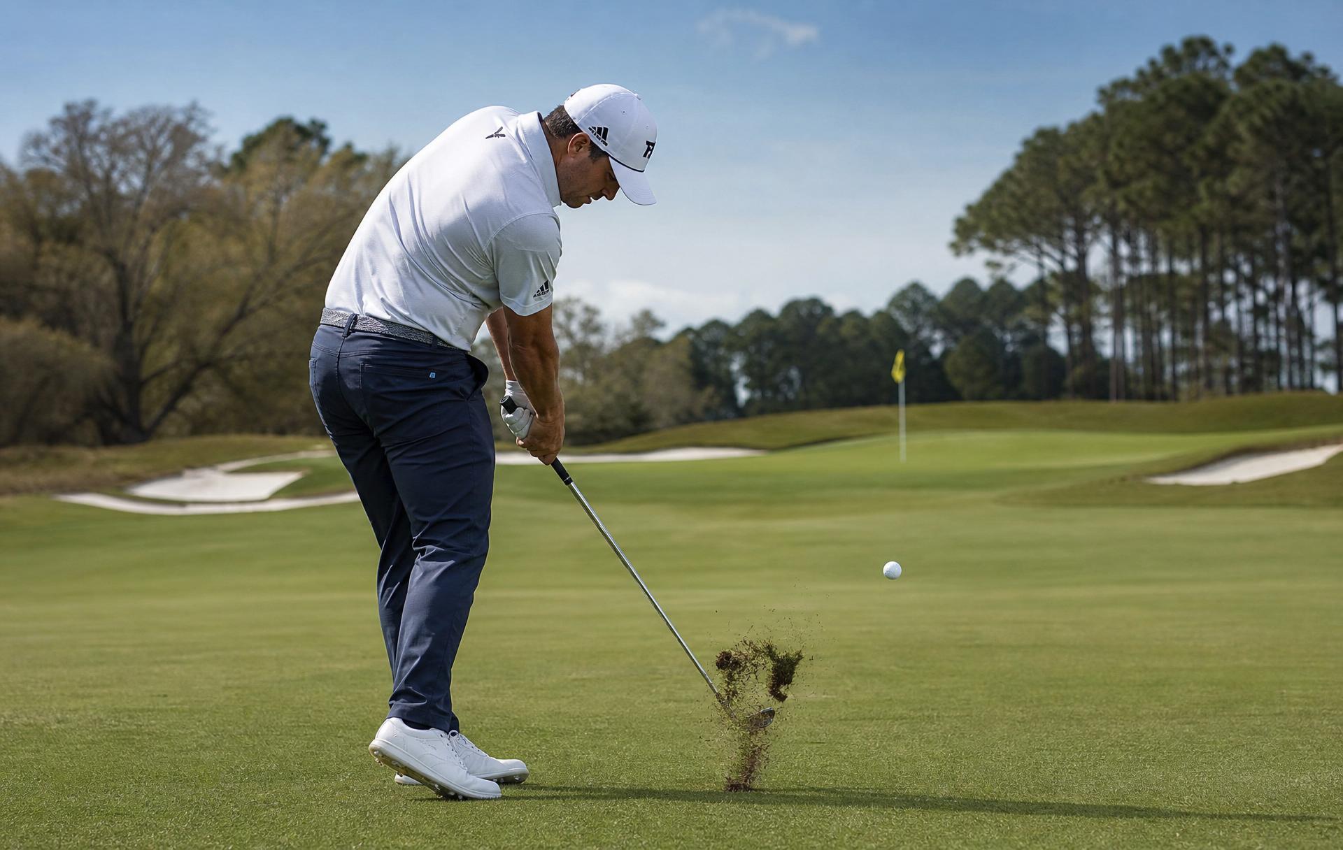 Iron striking the ball cleanly off a manicured fairway