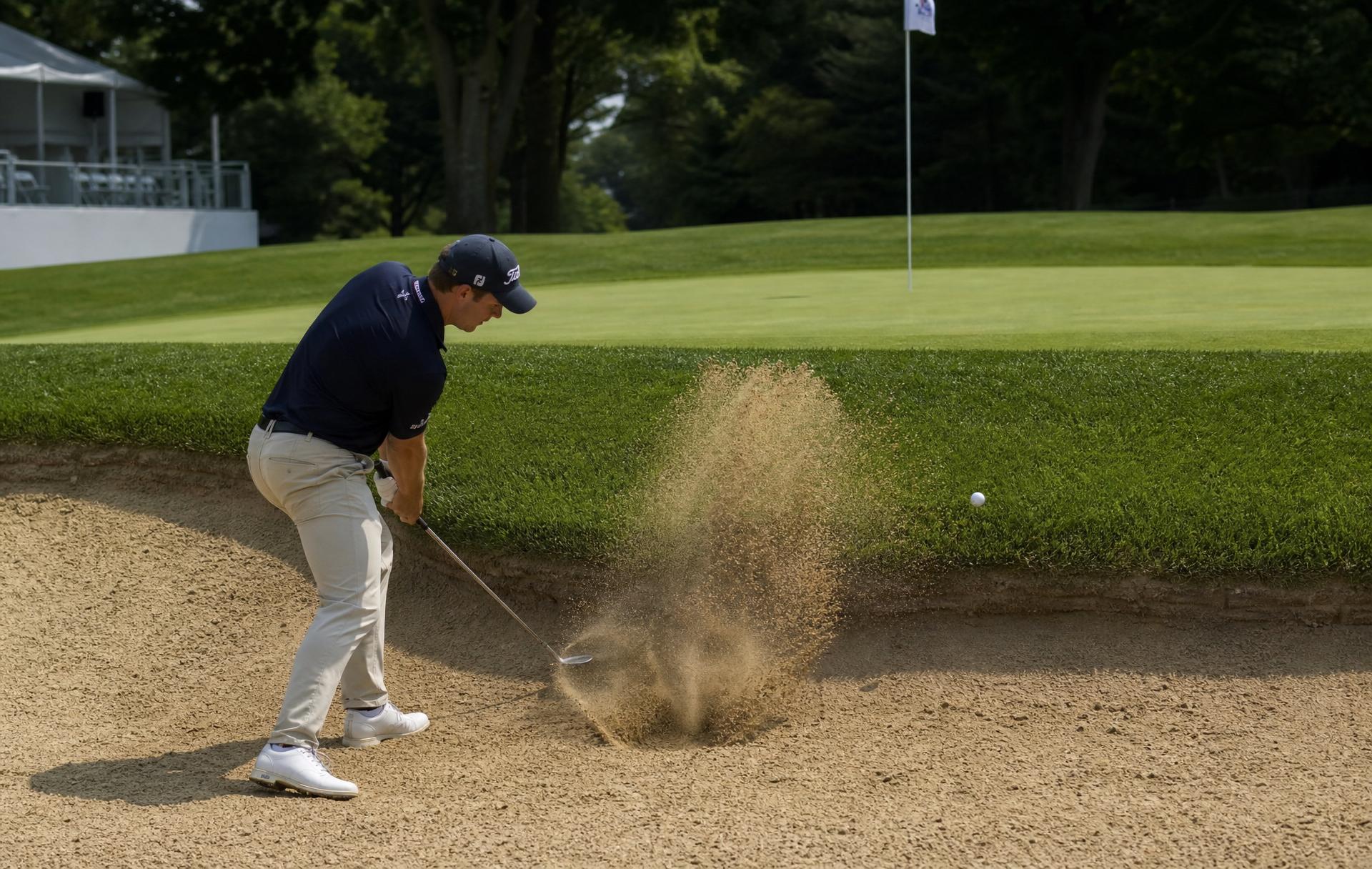 Sand fanning out of a greenside bunker as the ball flies toward the green