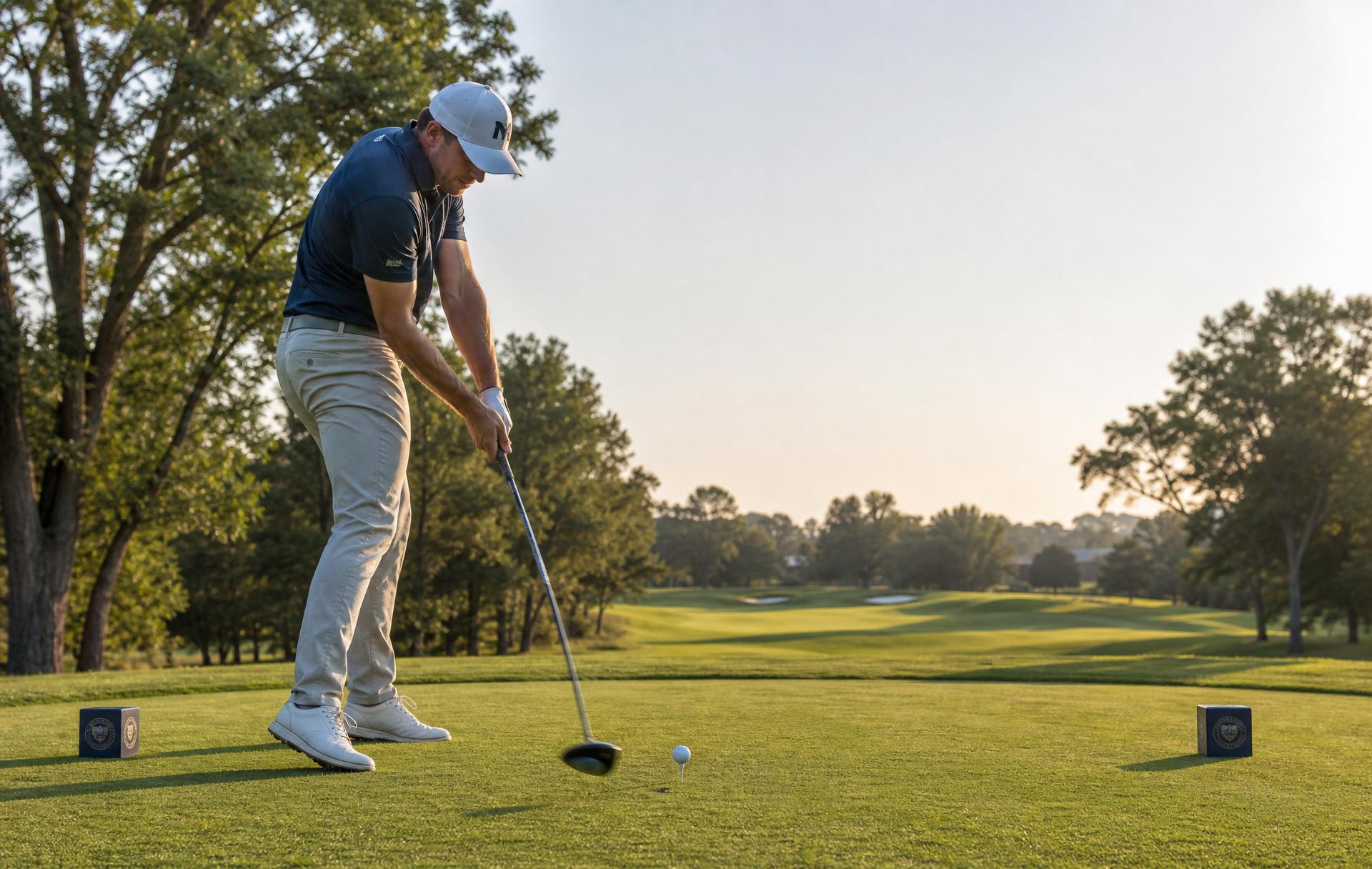 Golfer at the top of the backswing on the tee box at golden hour