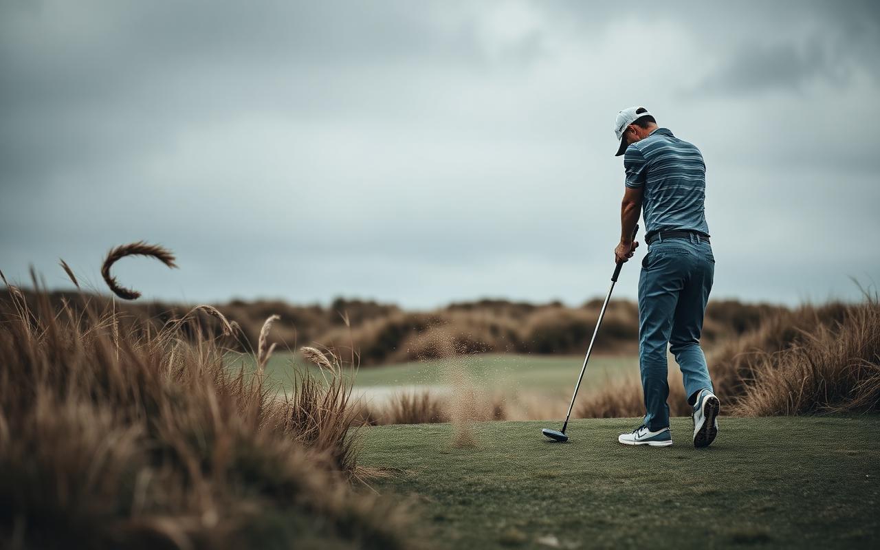 Golfer hitting a low, controlled shot into a stiff wind
