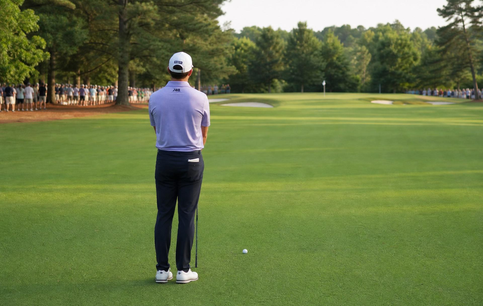 Golfer standing behind the ball sighting the target line down the fairway before a shot