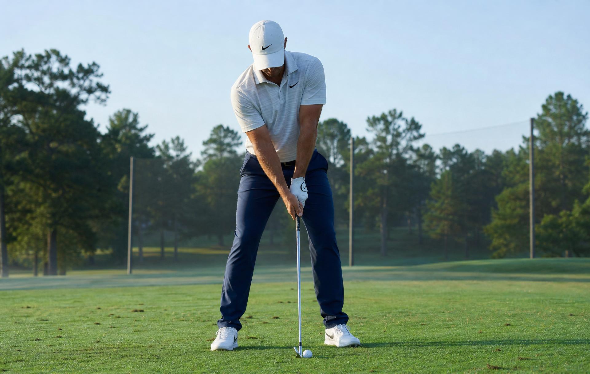 Golfer at address with a mid-iron showing a balanced, shoulder-width athletic stance