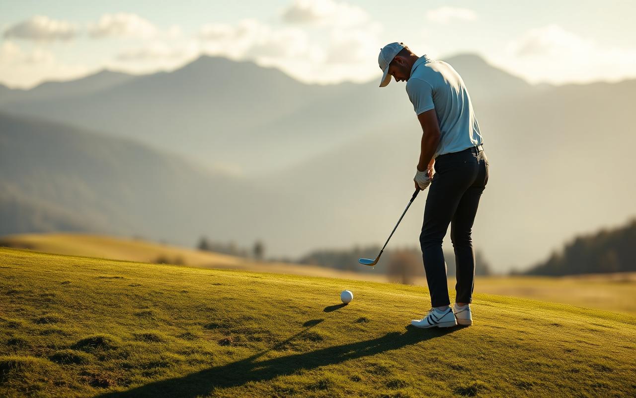 Golfer matching shoulders to a sloped lie