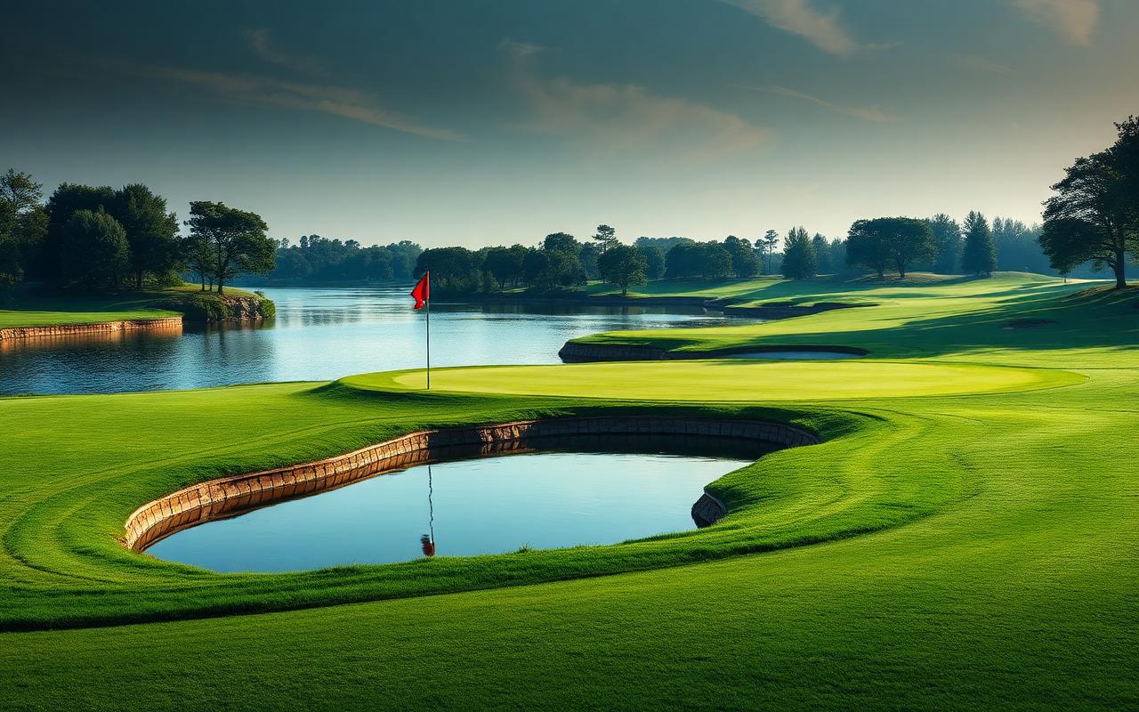 Par-3 hole with a wide water hazard guarding the green